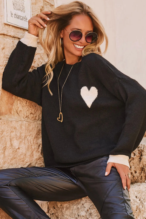 Relaxed Heart Motif Drop Shoulder Knit Sweater