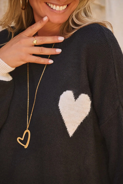 Relaxed Heart Motif Drop Shoulder Knit Sweater