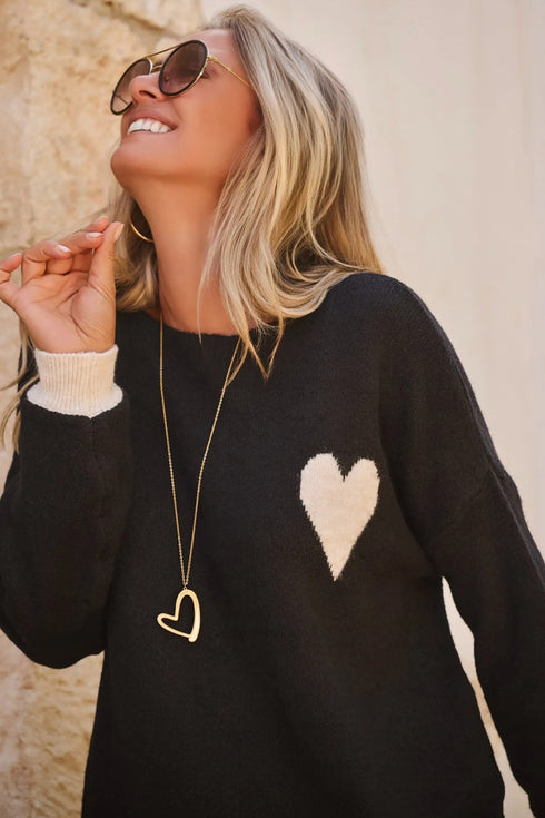 Relaxed Heart Motif Drop Shoulder Knit Sweater