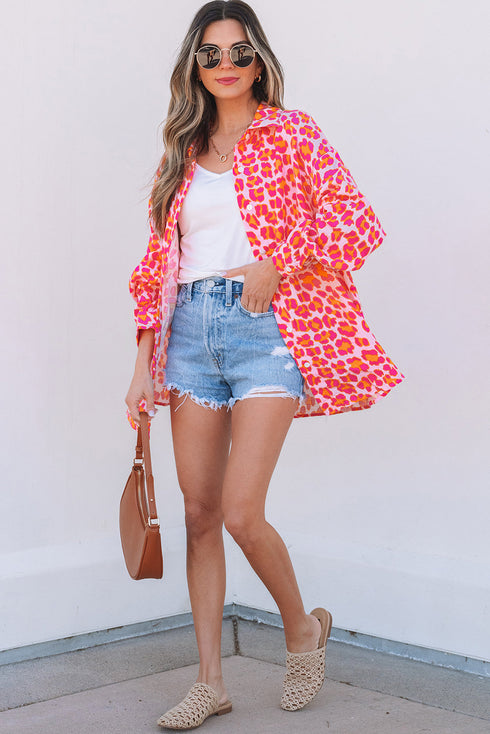Relaxed Leopard Print Button Front Collared Shirt