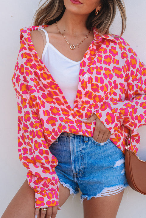Relaxed Leopard Print Button Front Collared Shirt