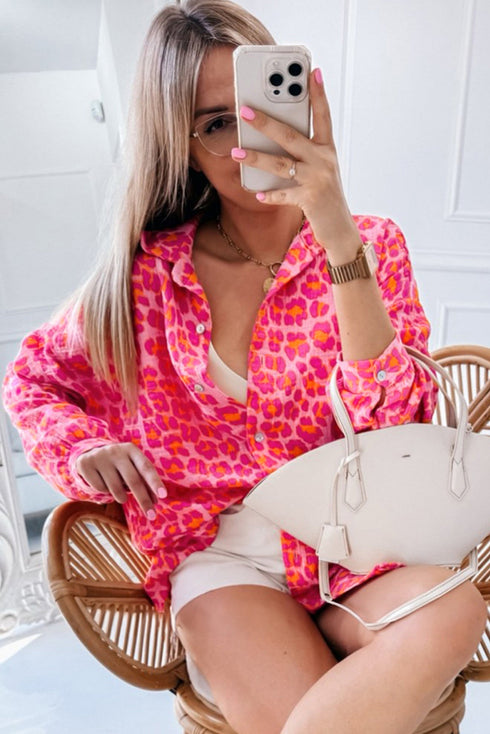 Relaxed Leopard Print Button Front Collared Shirt
