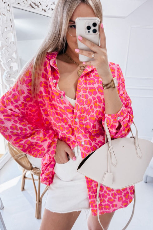 Relaxed Leopard Print Button Front Collared Shirt