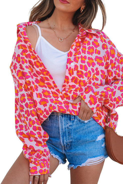 Relaxed Leopard Print Button Front Collared Shirt