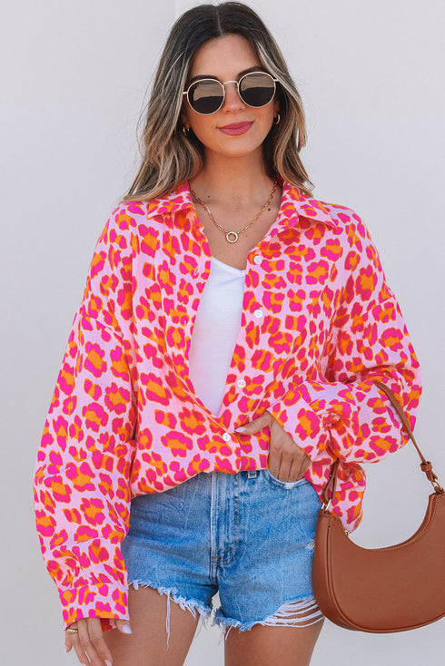 Relaxed Leopard Print Button Front Collared Shirt