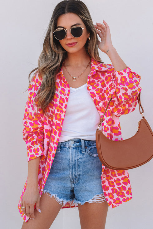 Relaxed Leopard Print Button Front Collared Shirt
