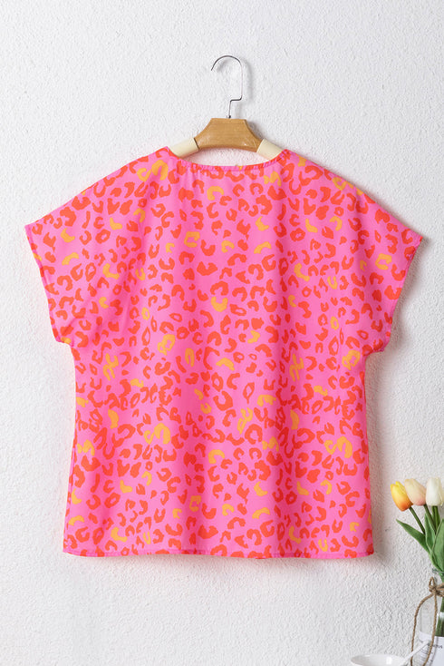 Relaxed Leopard Print V Neck Flutter Sleeve Blouse