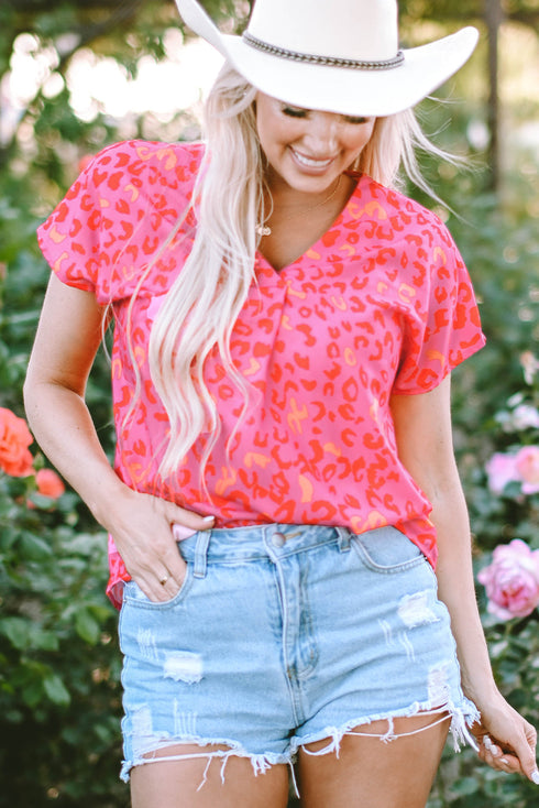 Relaxed Leopard Print V Neck Flutter Sleeve Blouse
