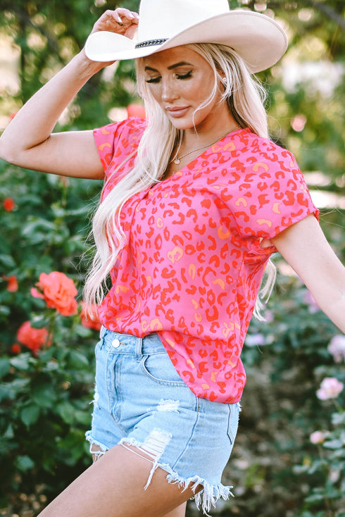 Relaxed Leopard Print V Neck Flutter Sleeve Blouse