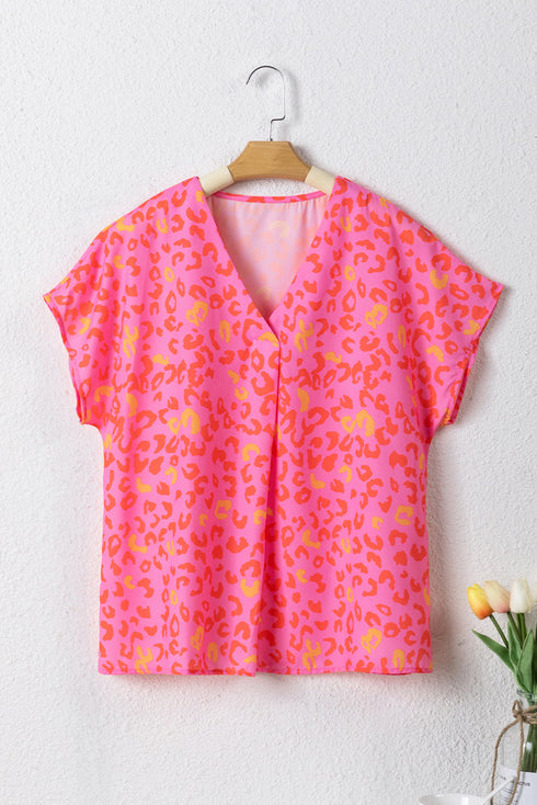 Relaxed Leopard Print V Neck Flutter Sleeve Blouse