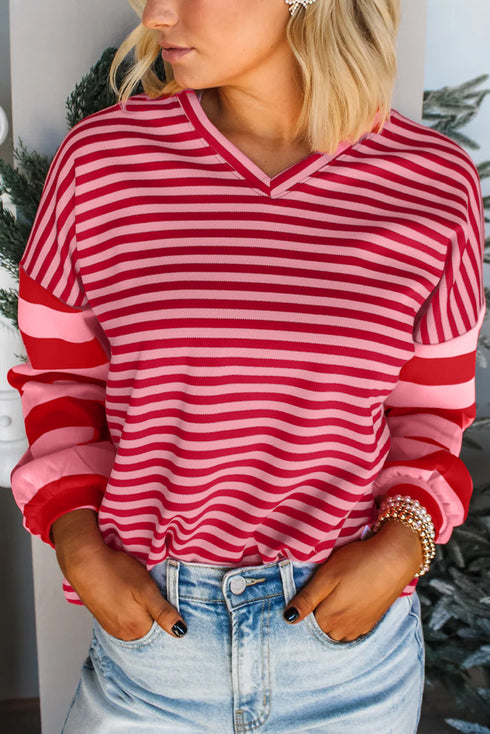 Relaxed Mixed Stripe V Neck Pullover Top