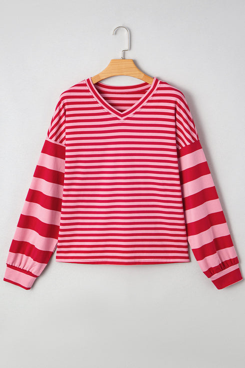 Relaxed Mixed Stripe V Neck Pullover Top
