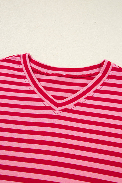 Relaxed Mixed Stripe V Neck Pullover Top