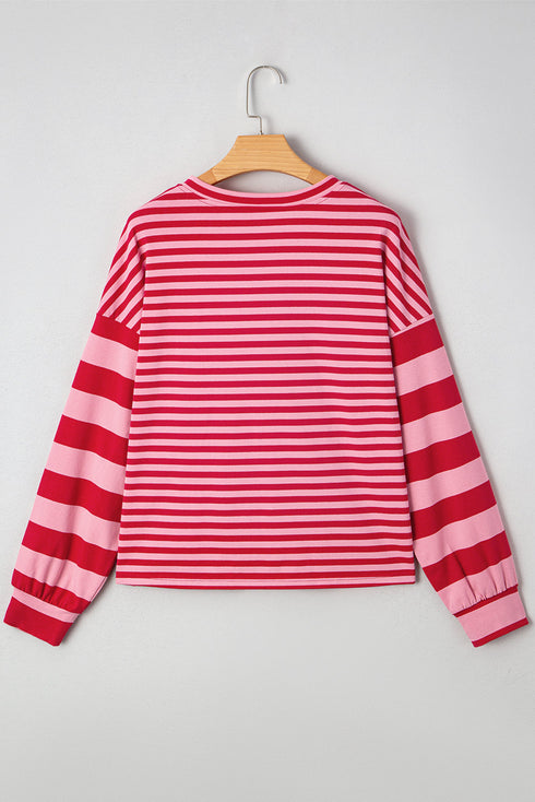 Relaxed Mixed Stripe V Neck Pullover Top