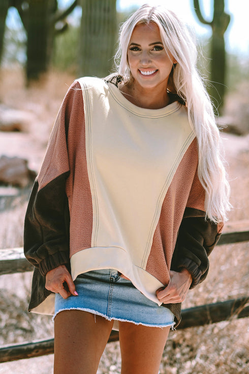 Relaxed Mixed Texture Exposed Seam Pullover Sweatshirt