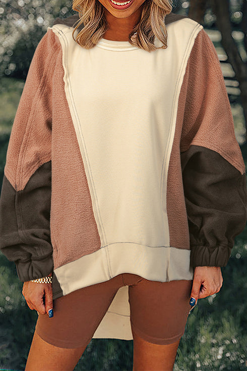 Relaxed Mixed Texture Exposed Seam Pullover Sweatshirt