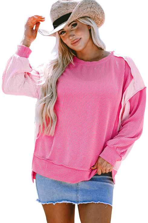 Relaxed Mixed Texture Exposed Seam Thermal Pullover Top