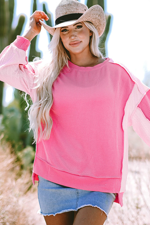 Relaxed Mixed Texture Exposed Seam Thermal Pullover Top