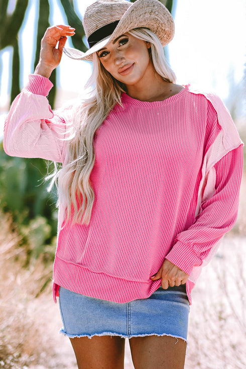 Relaxed Mixed Texture Exposed Seam Thermal Pullover Top