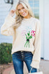Relaxed Mock Neck Embroidered Floral Graphic Sweater