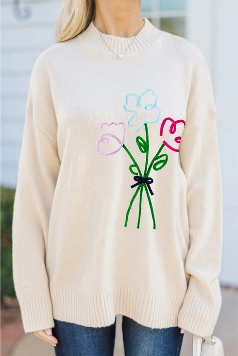 Relaxed Mock Neck Embroidered Floral Graphic Sweater