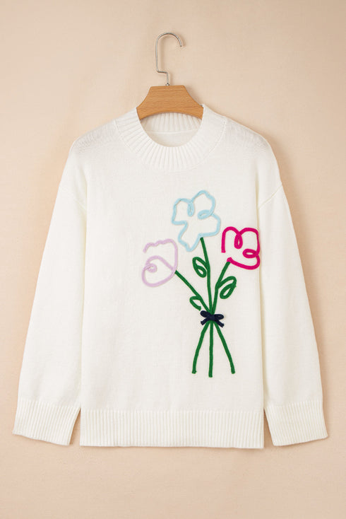 Relaxed Mock Neck Embroidered Floral Graphic Sweater