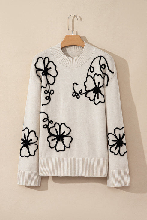 Relaxed Mock Neck Embroidered Floral Knit Sweater
