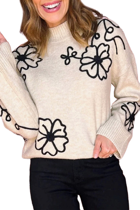 Relaxed Mock Neck Embroidered Floral Knit Sweater