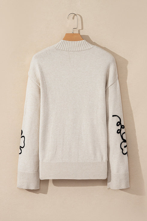 Relaxed Mock Neck Embroidered Floral Knit Sweater