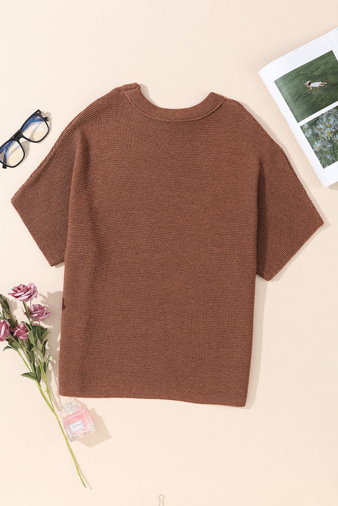Relaxed Mock Neck Short Sleeve Ribbed Knit Sweater
