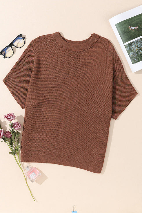 Relaxed Mock Neck Short Sleeve Ribbed Knit Sweater