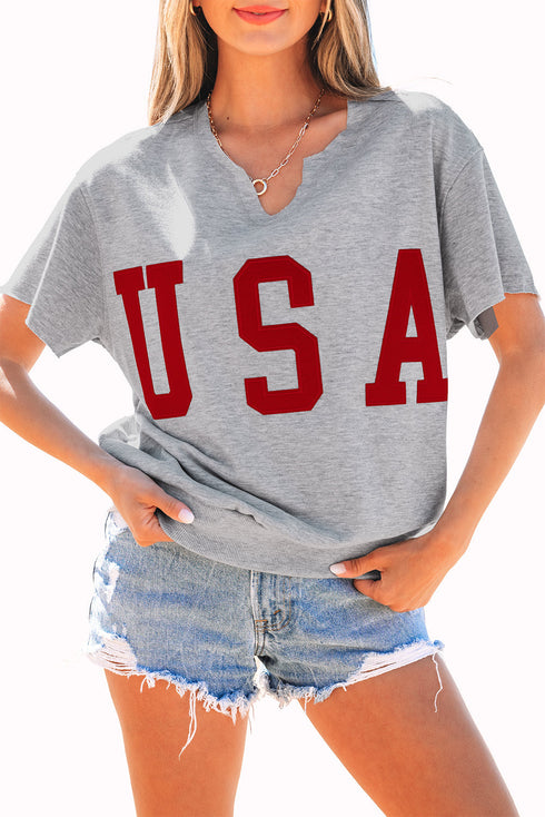 Relaxed Notched Neck Lettering Patch Graphic Short Sleeve Tee