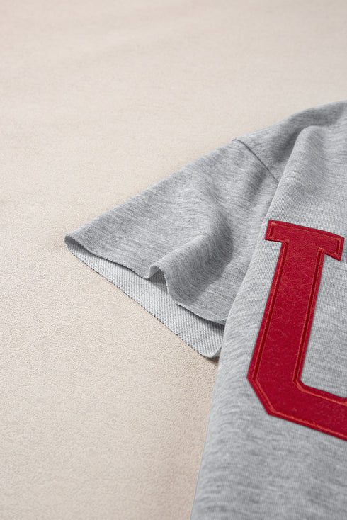 Relaxed Notched Neck Lettering Patch Graphic Short Sleeve Tee