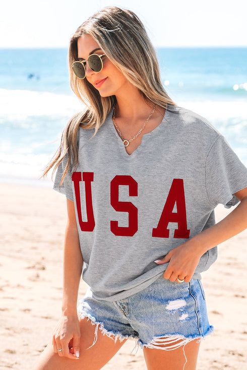 Relaxed Notched Neck Lettering Patch Graphic Short Sleeve Tee
