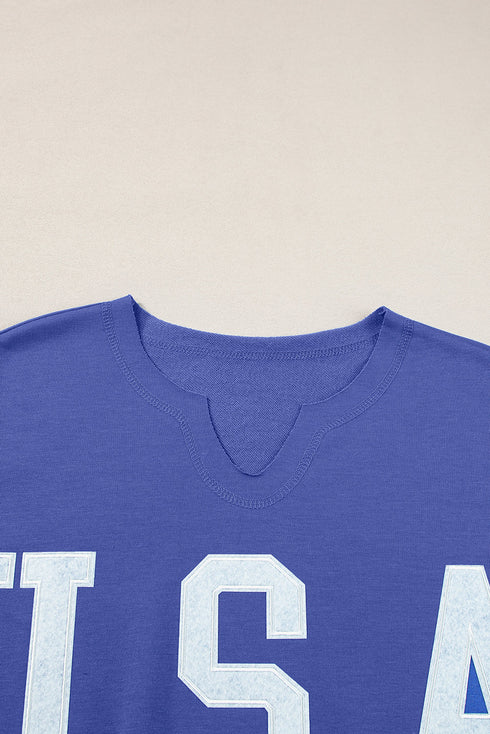 Relaxed Notched Neck Lettering Patch Graphic Short Sleeve Tee