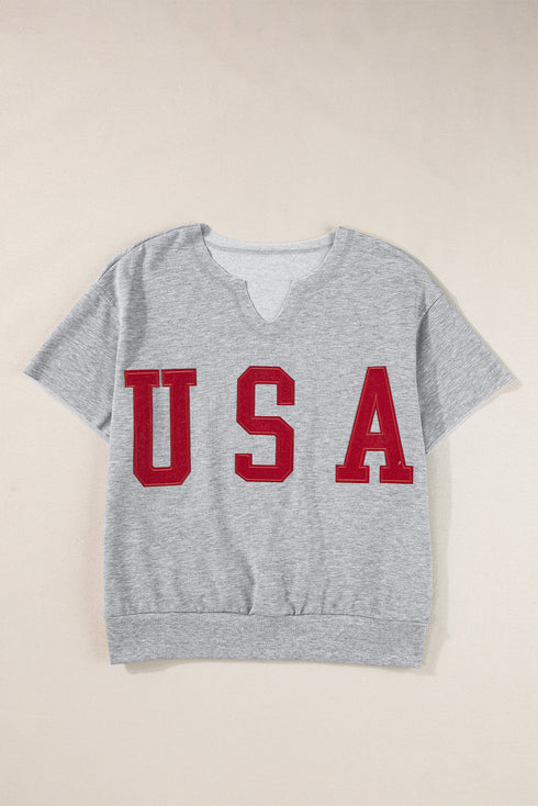 Relaxed Notched Neck Lettering Patch Graphic Short Sleeve Tee