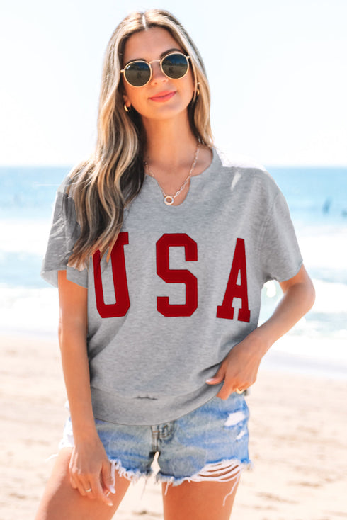 Relaxed Notched Neck Lettering Patch Graphic Short Sleeve Tee