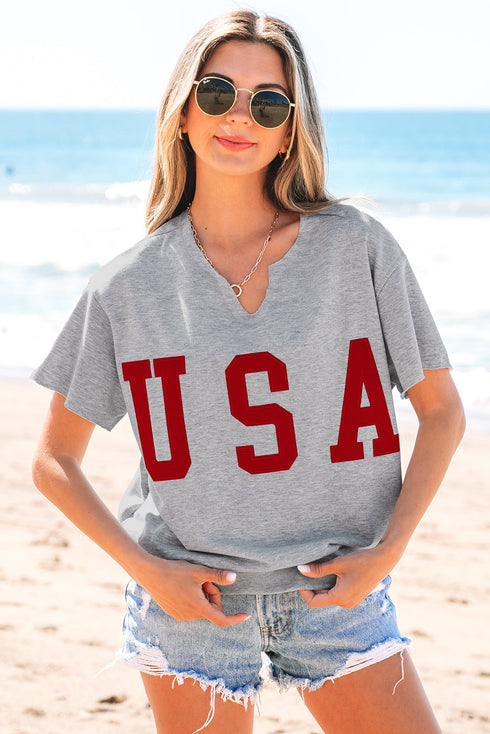 Relaxed Notched Neck Lettering Patch Graphic Short Sleeve Tee
