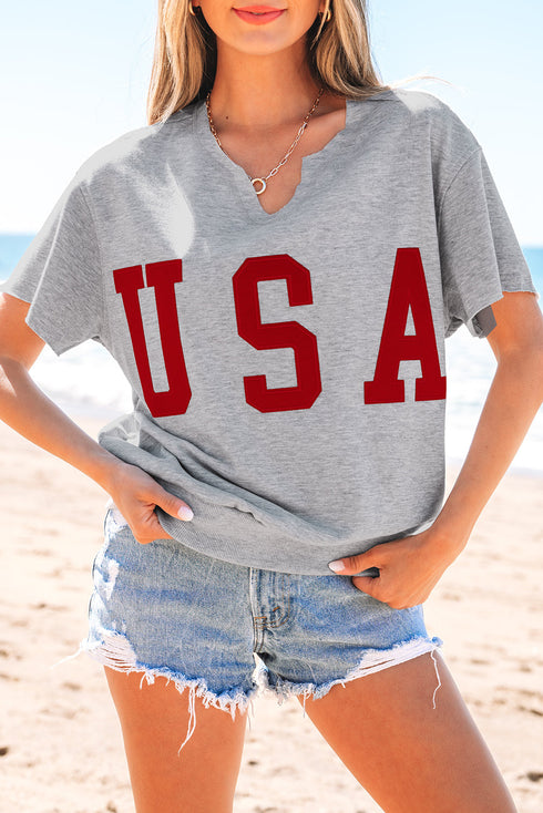 Relaxed Notched Neck Lettering Patch Graphic Short Sleeve Tee