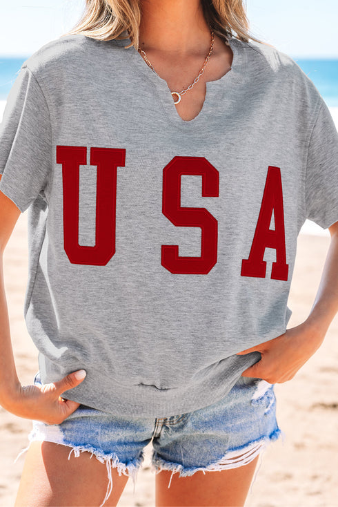 Relaxed Notched Neck Lettering Patch Graphic Short Sleeve Tee