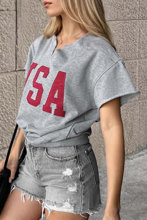 Relaxed Notched Neck Lettering Patch Graphic Short Sleeve Tee
