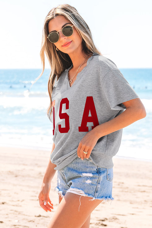 Relaxed Notched Neck Lettering Patch Graphic Short Sleeve Tee