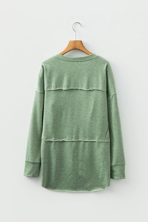 Relaxed Notched Neckline Raw Edge Cotton Blend Terry Top