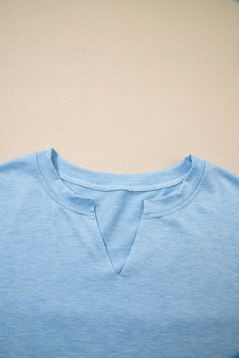 Relaxed Notched Neckline Raw Edge Cotton Blend Terry Top