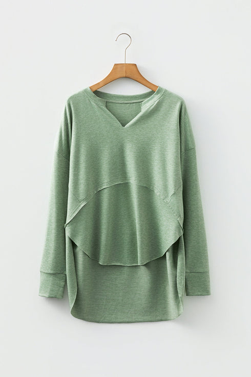 Relaxed Notched Neckline Raw Edge Cotton Blend Terry Top