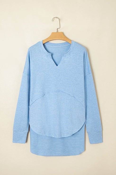 Relaxed Notched Neckline Raw Edge Cotton Blend Terry Top