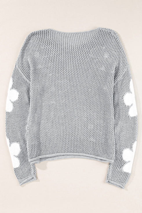 Relaxed Open Knit Floral Drop Shoulder Pullover Sweater