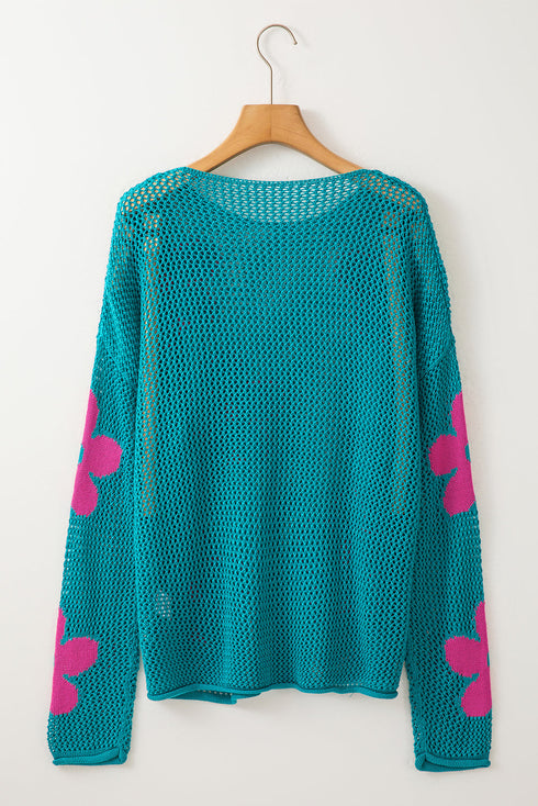 Relaxed Open Knit Floral Drop Shoulder Pullover Sweater