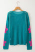 Relaxed Open Knit Floral Drop Shoulder Pullover Sweater