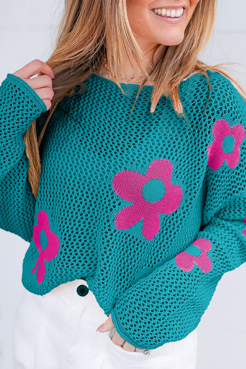 Relaxed Open Knit Floral Drop Shoulder Pullover Sweater
